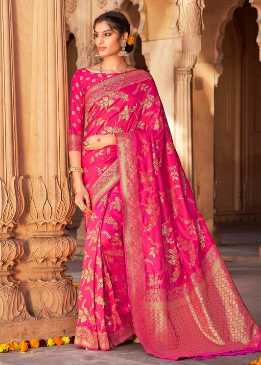 Pink banarasi Silk handloom saree in usa online shopping for wedding collection.