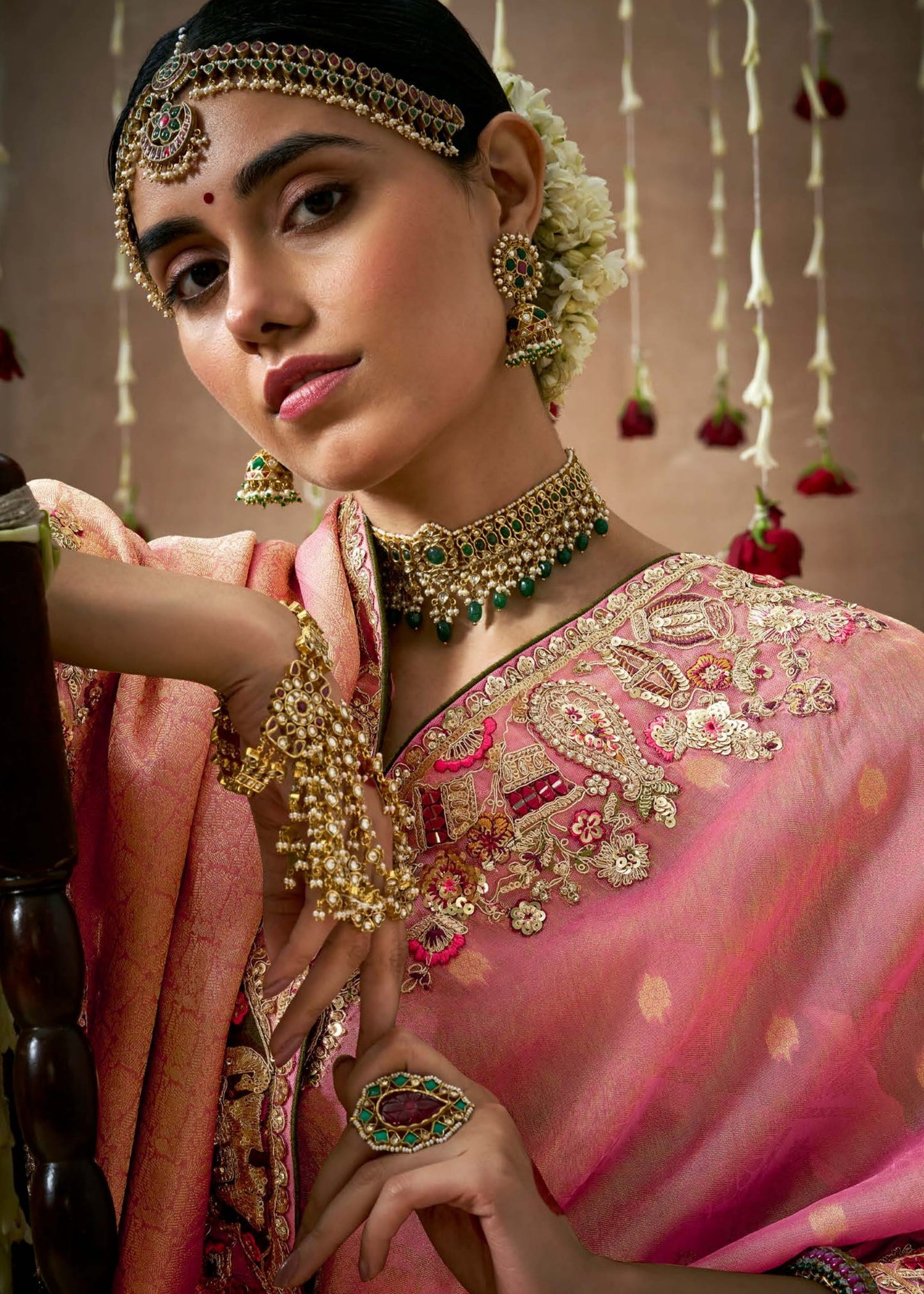 Pink banarasi tissue silk embroidery work saree online with contrast mehendi green blouse for wedding.