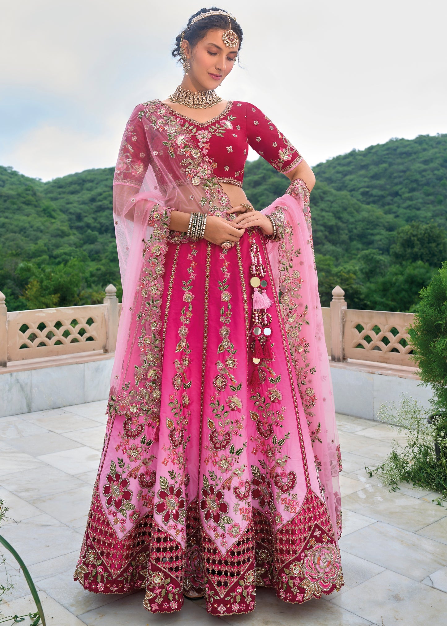 Flamingo pink designer bridal lehenga choli usa online shopping for bride and bridesmaids.