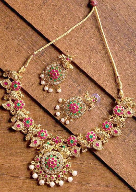 Pink & green peacock design kundan polki necklace set with earrings online usa uk with price.