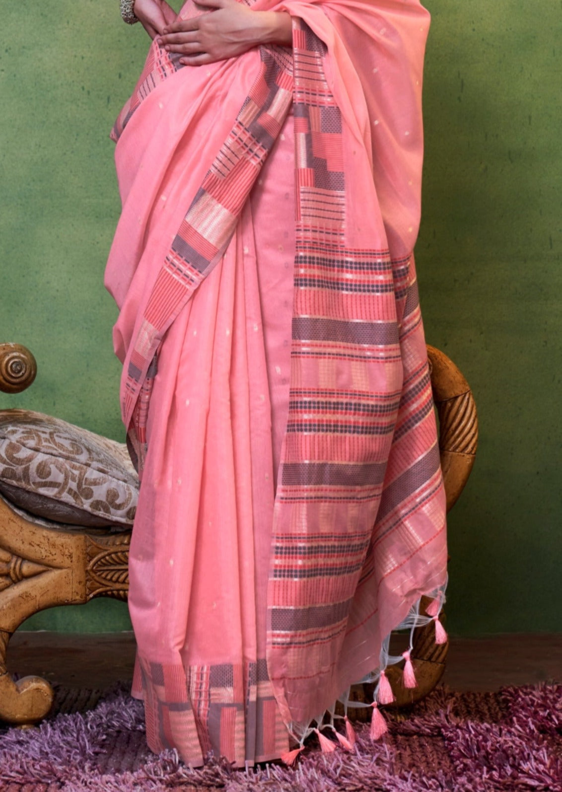 Pink color pure handloom cotton silk saree usa online shopping.