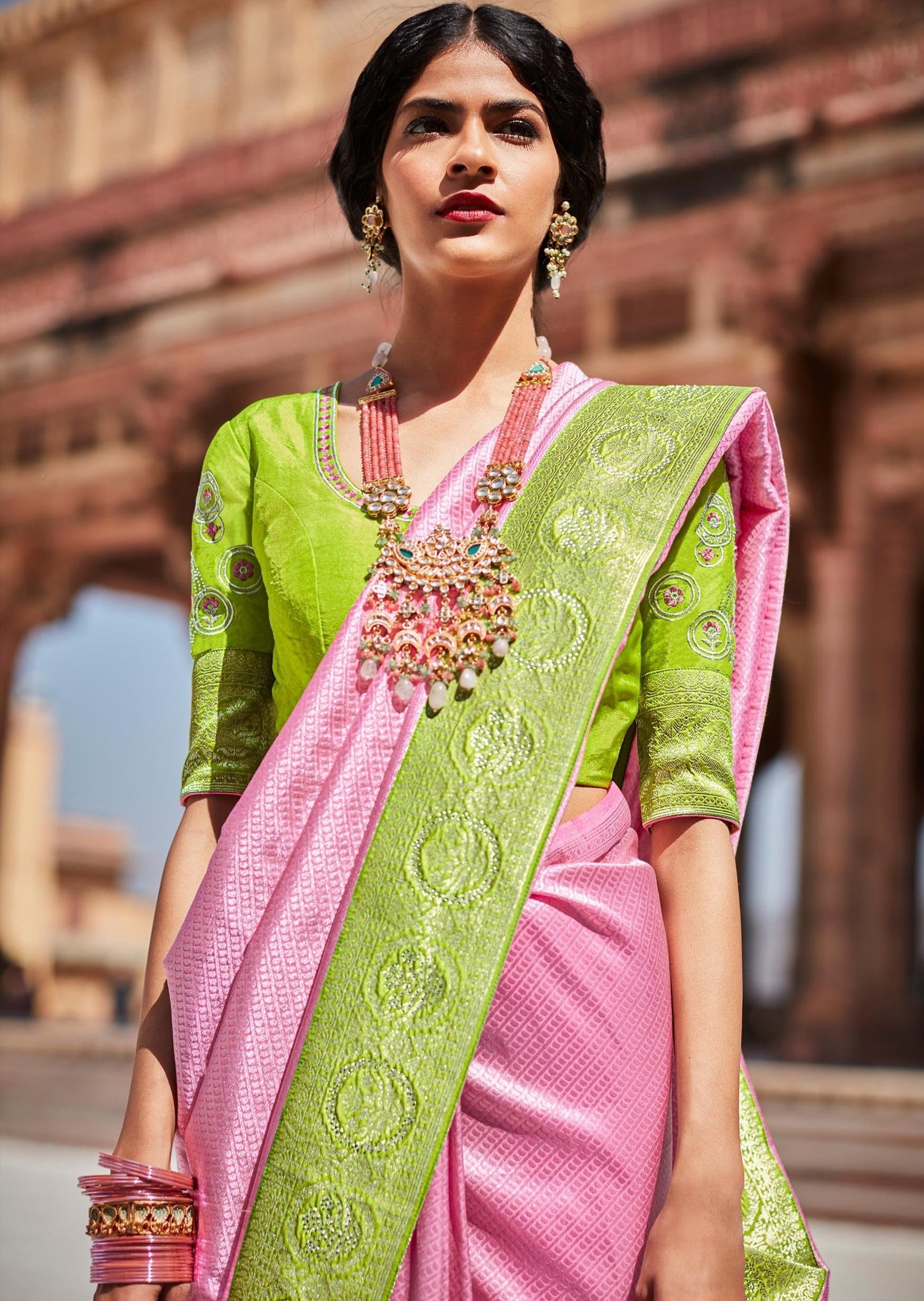 Pink kanjivaram silk saree with embroidered blouse in usa online for wedding.