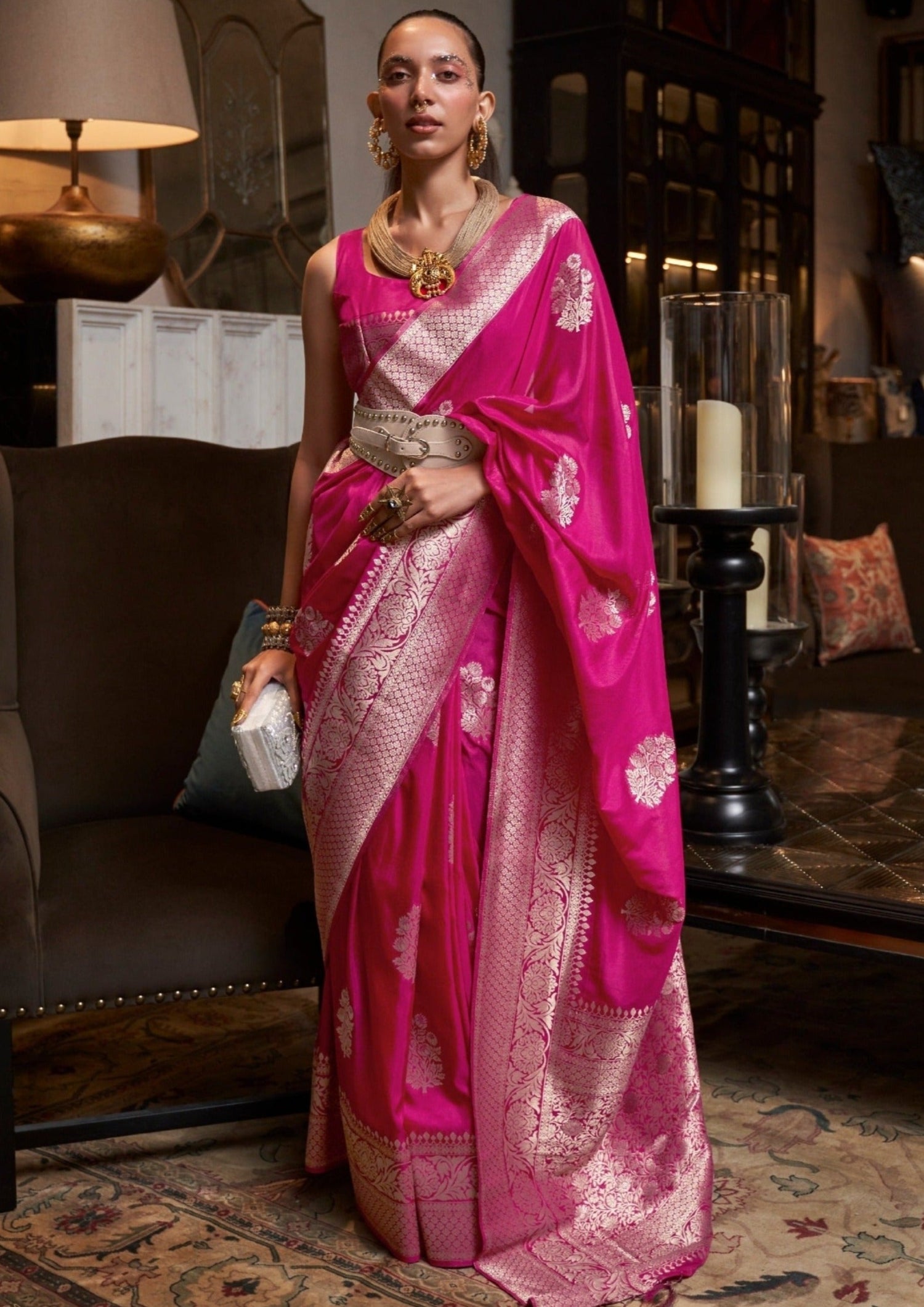 Pink khaddi georgette banarasi saree blouse online price with silver zari work.
