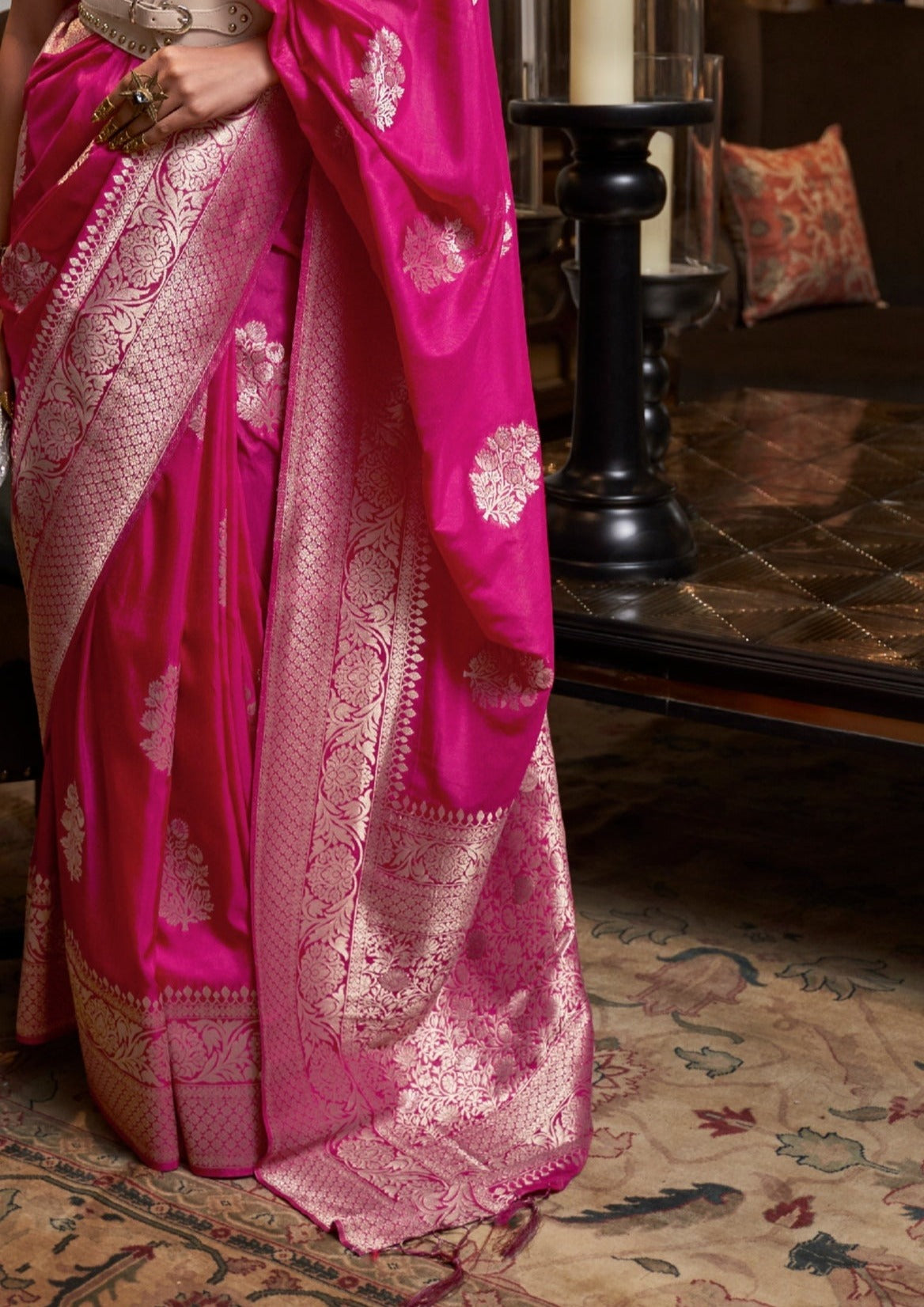 Pink khaddi georgette banarasi saree design online with zari work.