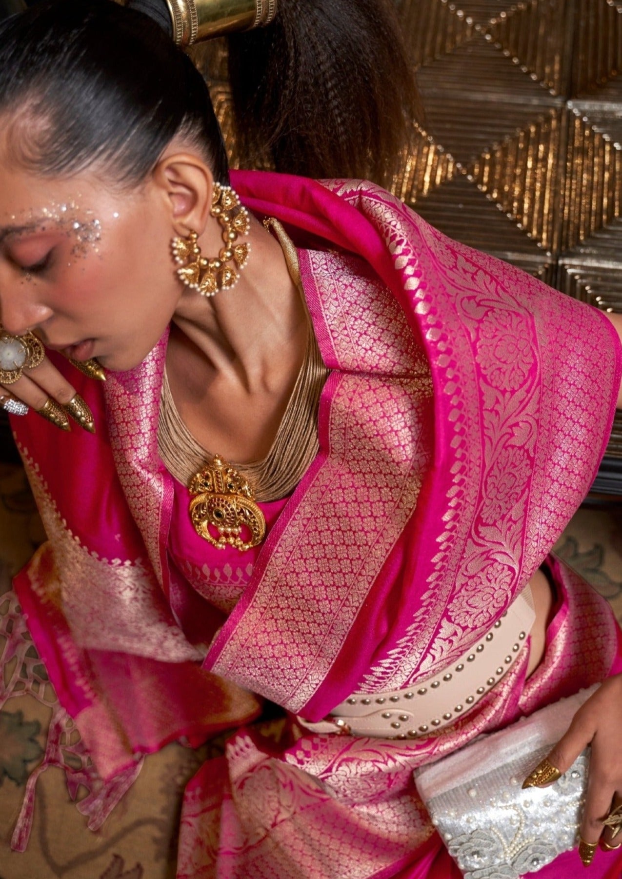 Pink khaddi georgette banarasi saree blouse designs online price with zari work.