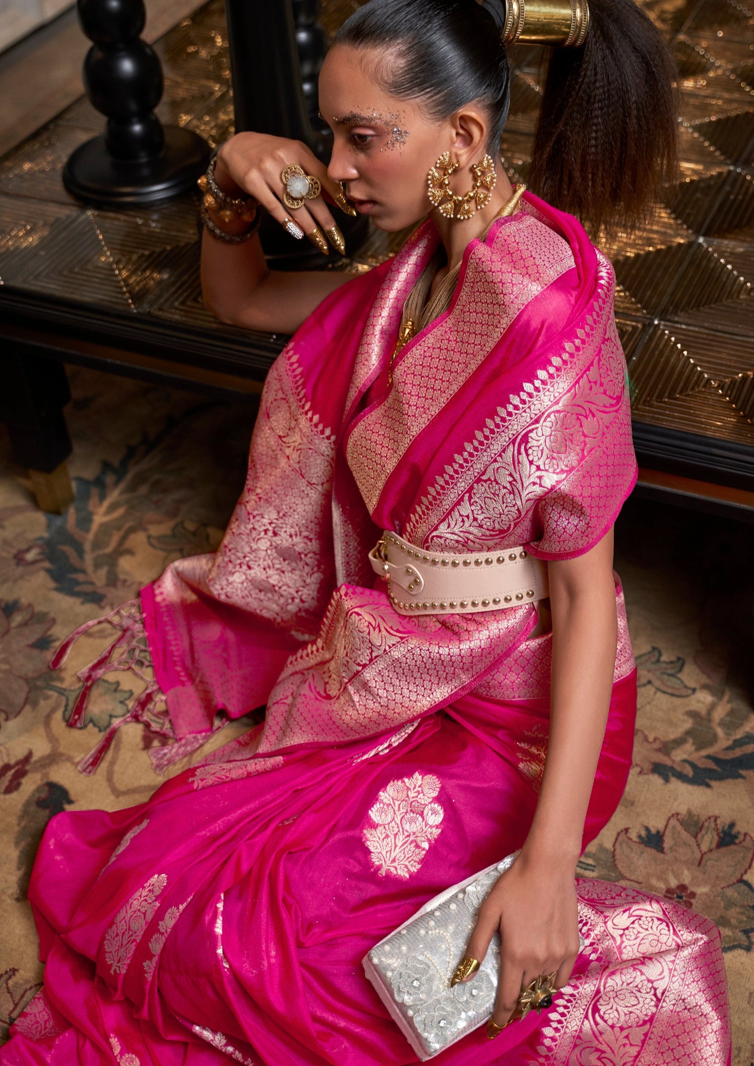 Womens pink khaddi georgette banarasi saree blouse online india with zari work.