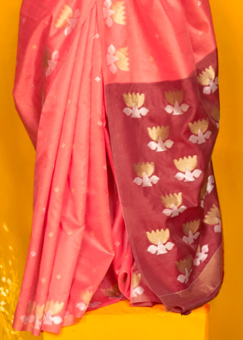 Elegant rose pink and maroon two-tone tussar silk saree, showcasing classic handloom craftsmanship.