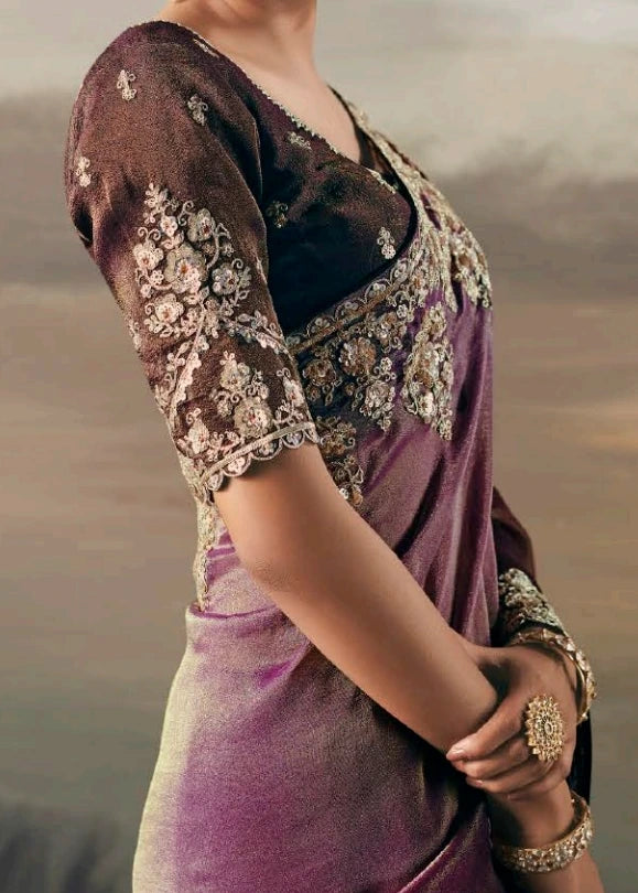 Draped brown & pink ombre effect tissue silk embroidered bridal saree highlighting gradient ombre effect.