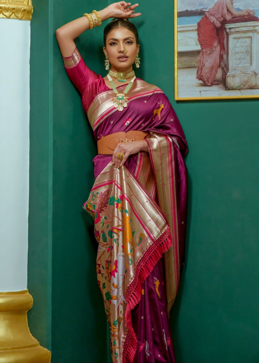 Pure paithani silk magenta pink saree in usa online shopping with price.