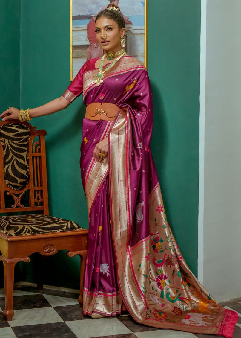 Shop paithani silk magenta pink saree in usa online for indian wedding look.