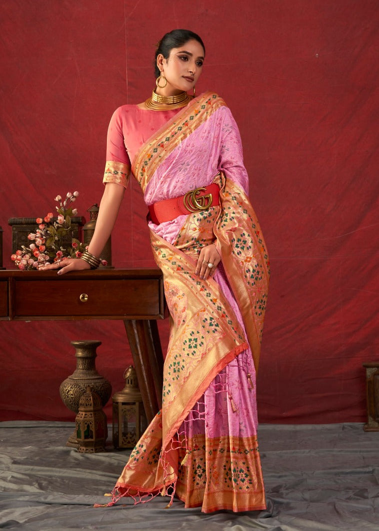 Pink patola paithani silk handloom fusion saree online shopping india with contrast peach blouse.