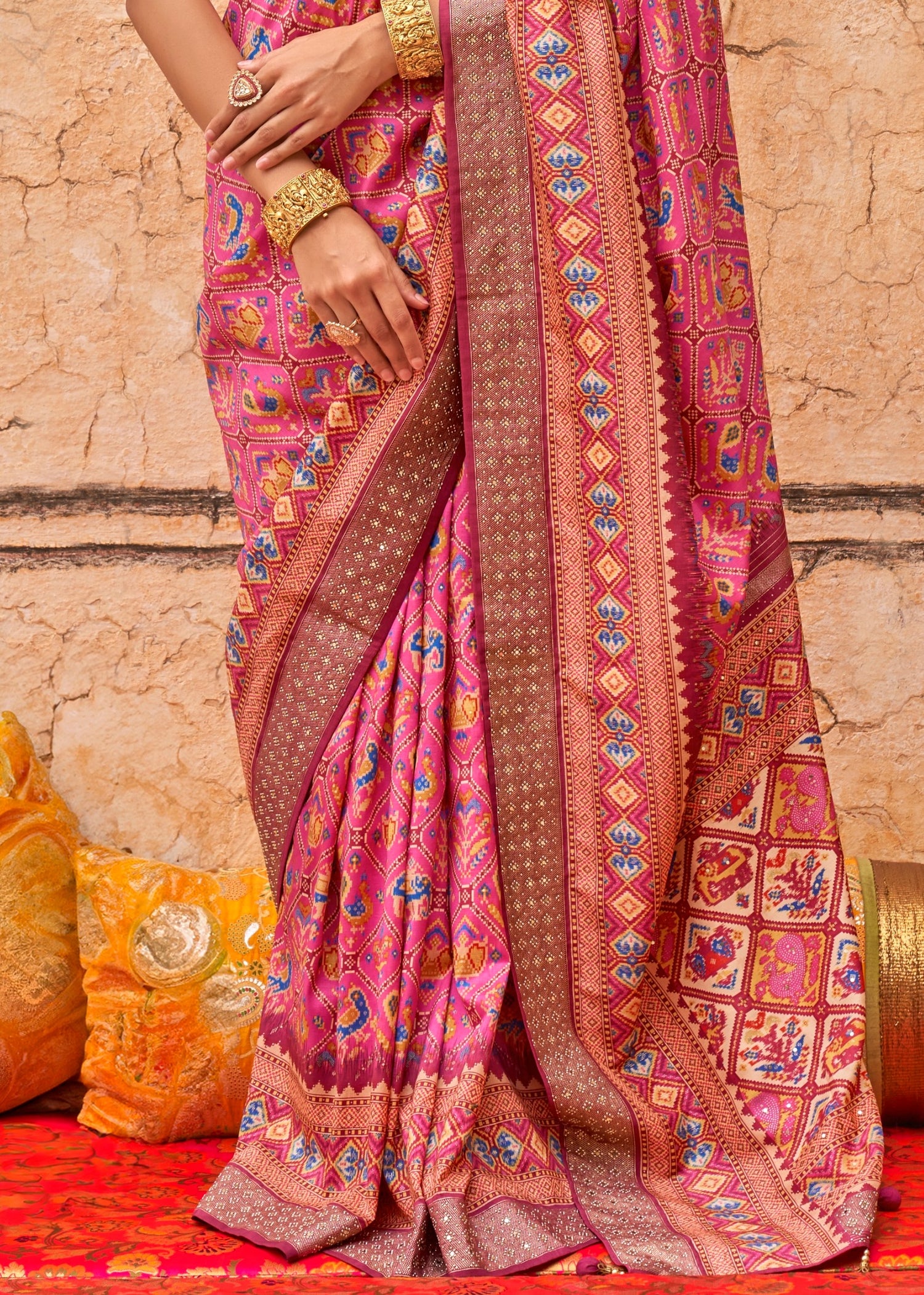 Pink patola silk saree online shopping in india and usa for wedding and bridal wear.