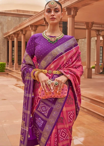 Zari Checks Patola Silk Rose Pink Saree