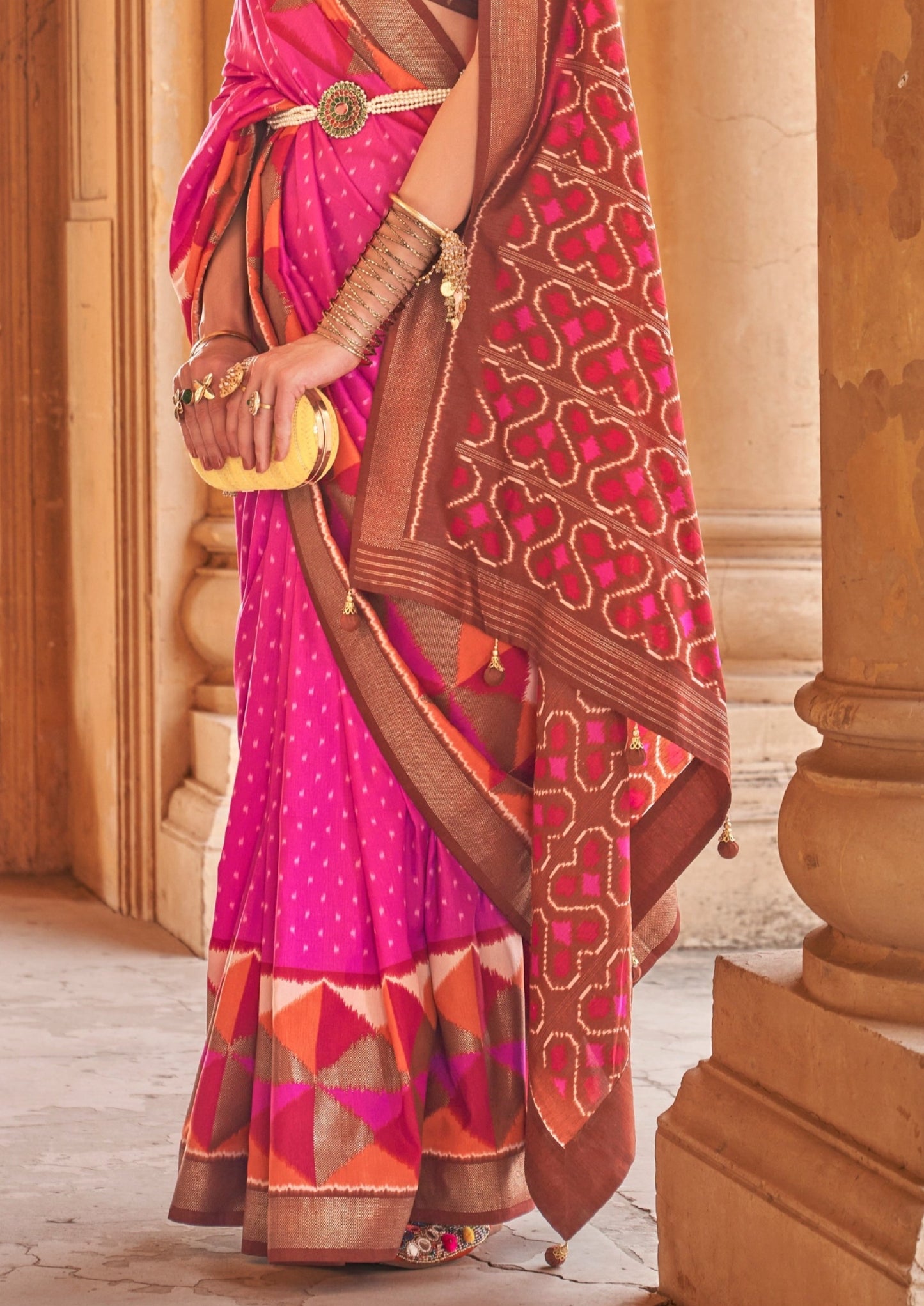 Pink patola silk double ikkat saree design with zari.