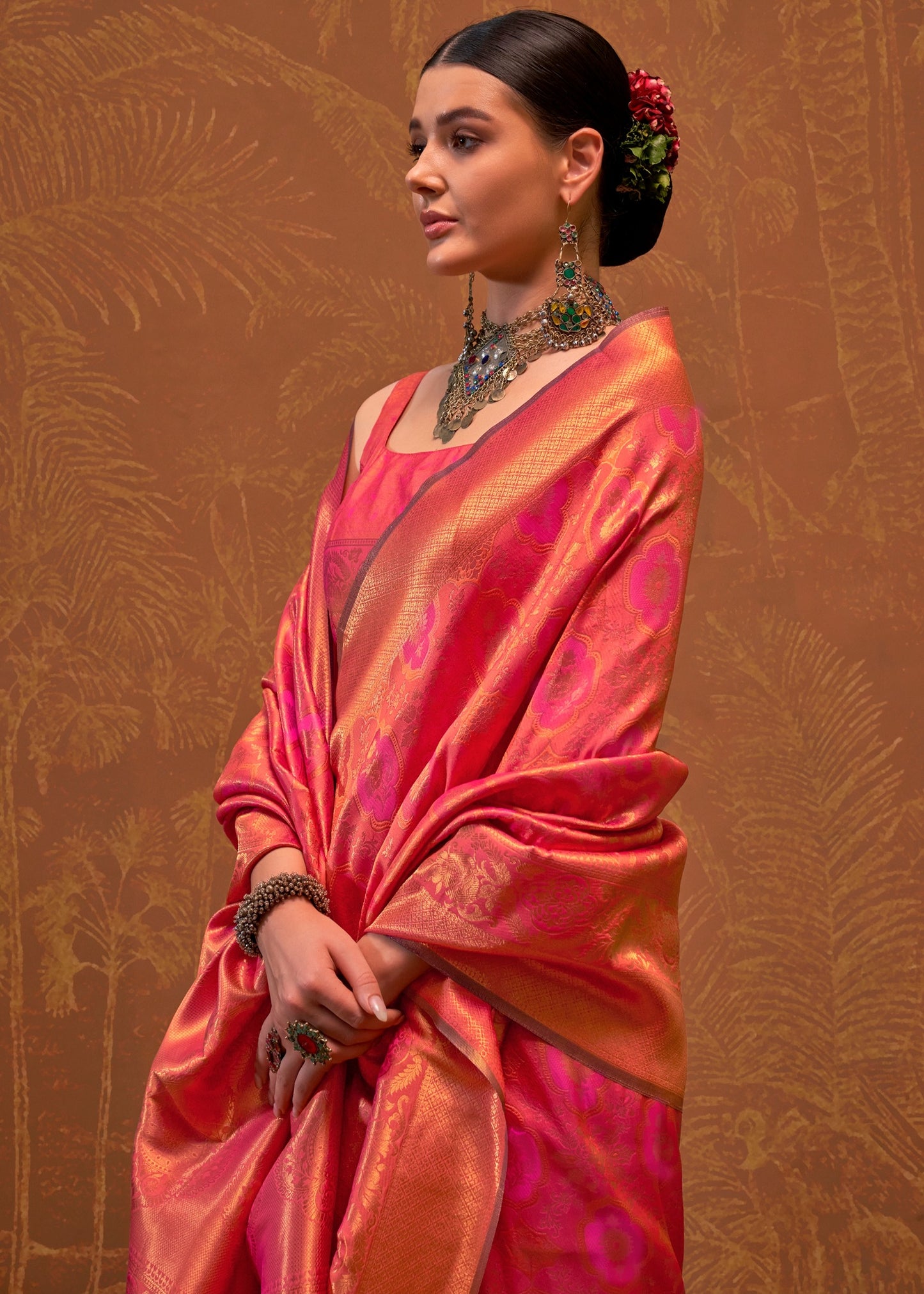 Pink peach banarasi silk saree with contrast blouse online shopping in india.