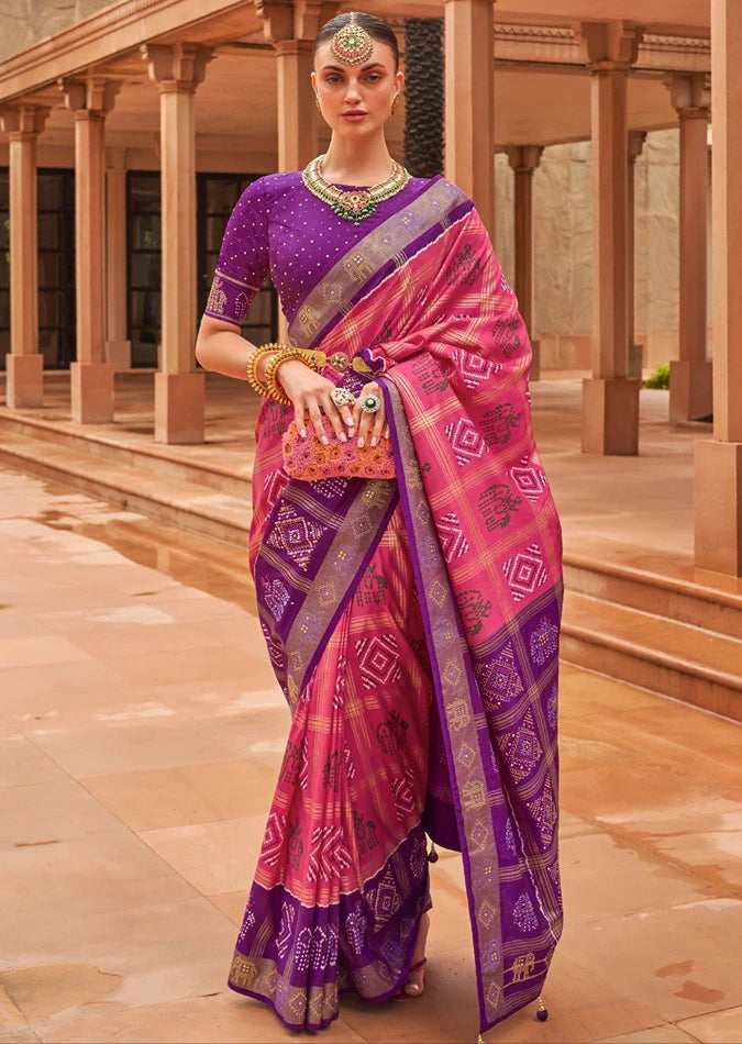 Zari Checks Patola Silk Rose Pink Saree