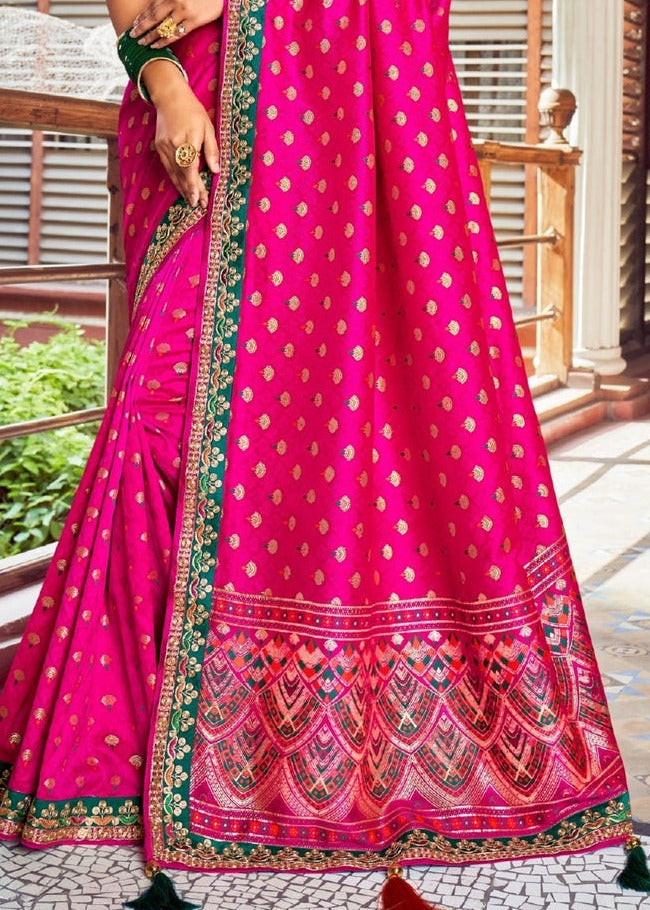 Bridal banarasi dola silk cheshire pink saree in usa with embroidered border and green blouse for wedding reception.