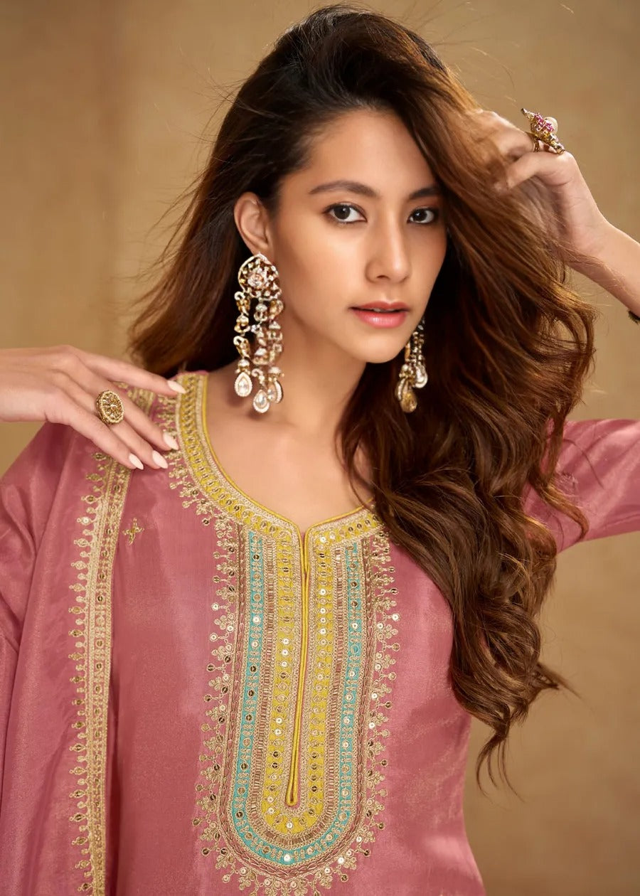 Pastel Pink Simar Silk Narrow Pant Suit Set With Dupatta