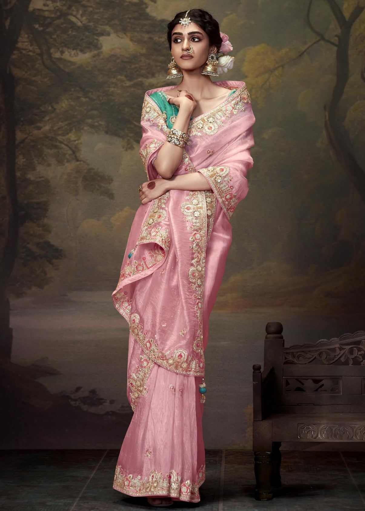 Beautiful crushed tissue silk rose pink saree with embroidered handwork and green contrast blouse for bridal wear in the USA.