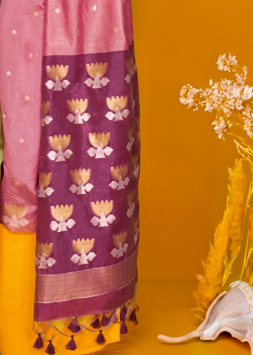 Pure handloom pink tussar silk saree online shopping price in India.