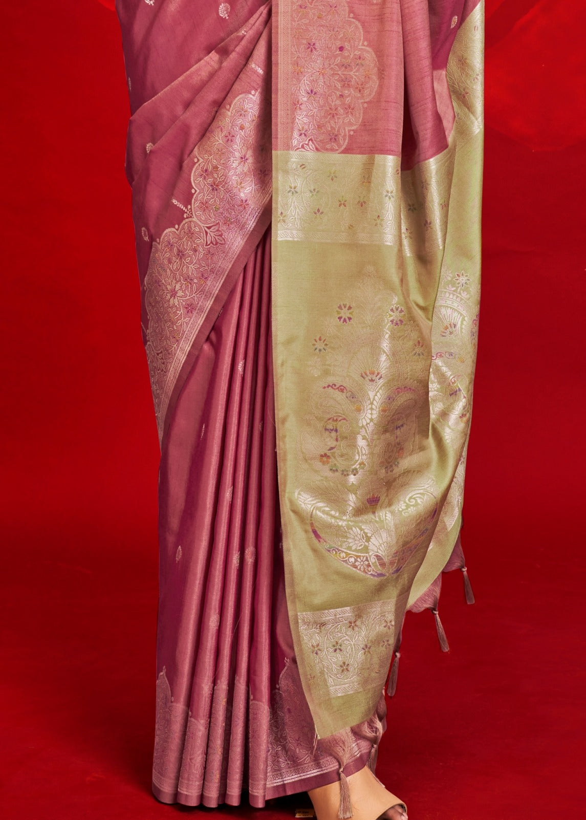 Beautiful rosy pink tussar silk saree in usa featuring traditional handloom design paired with contrast green pallu and blouse.