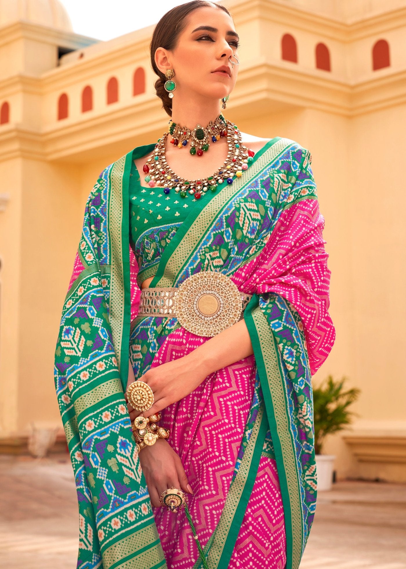 Pink green colour combination patola saree online shopping in India for festive wear & office wear.