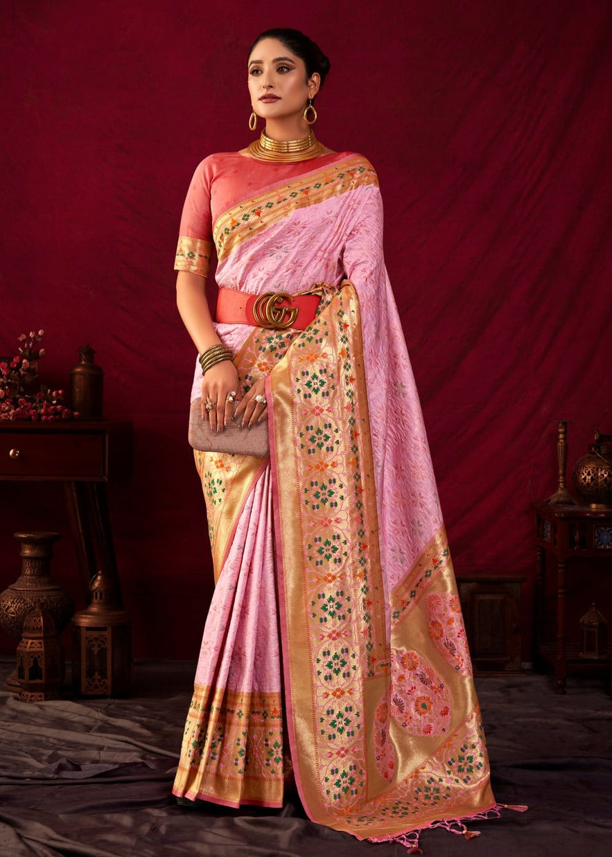 Pink patola paithani silk handloom fusion saree online shopping for wedding function.