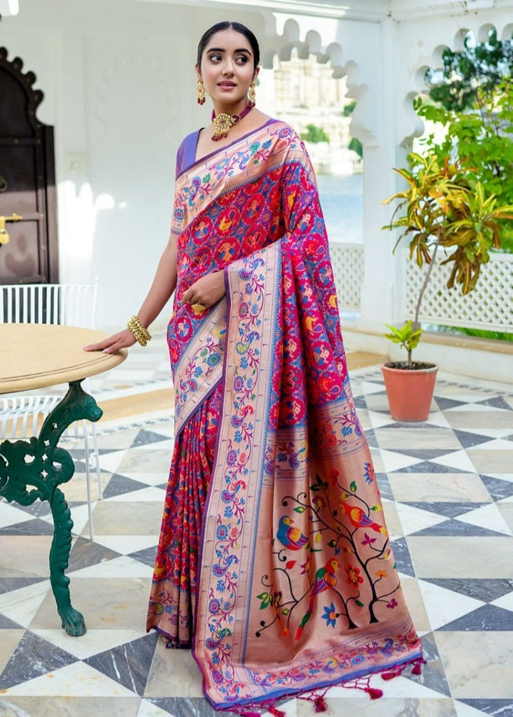 Pinkish red banarasi patola handloom silk saree online in india & USA for women.