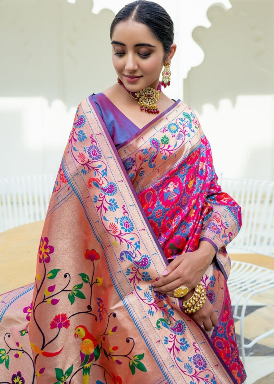 Pinkish red banarasi patola handloom silk saree with contrast purple blouse online in india & USA.