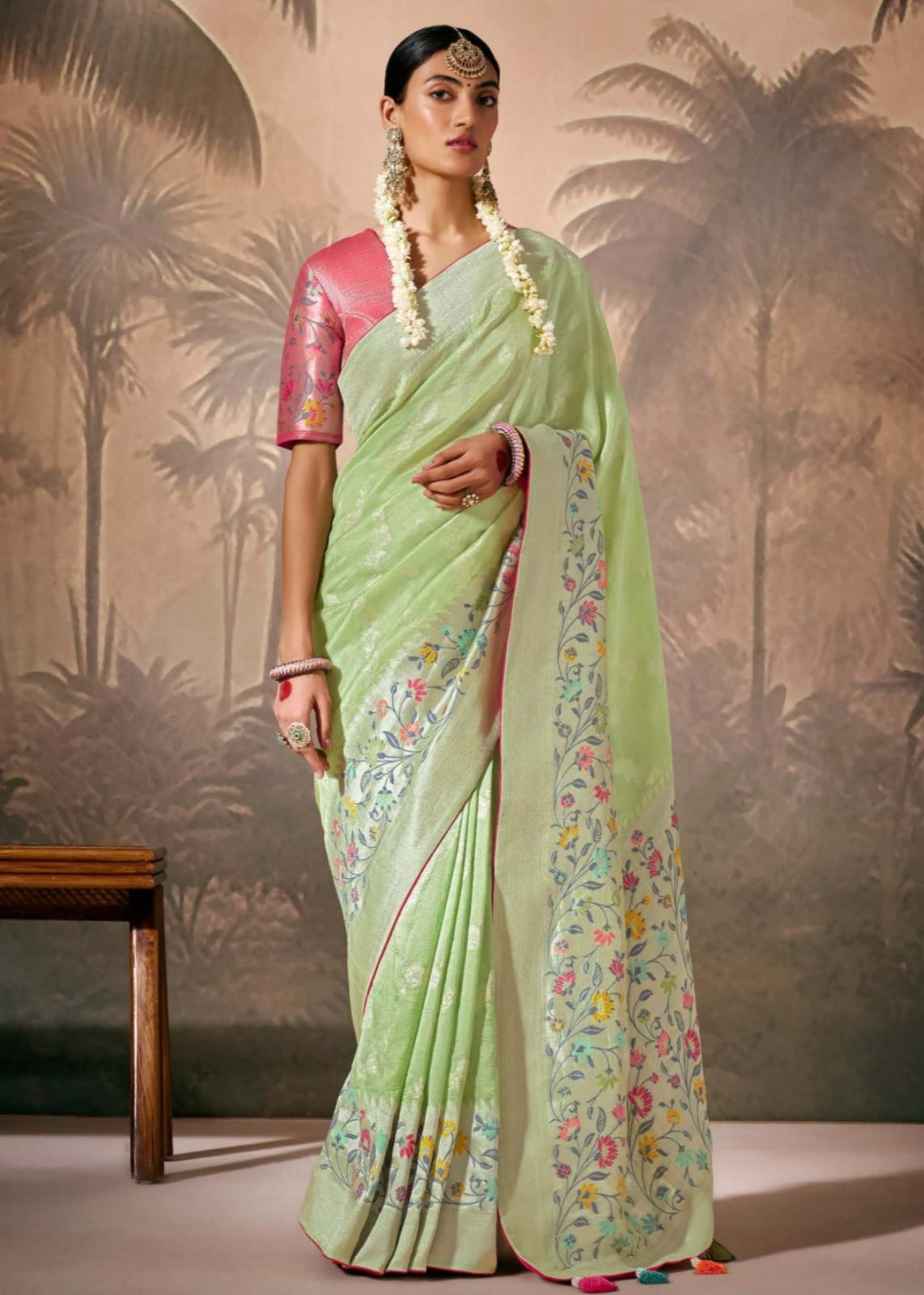 Pista green banarasi handloom silk saree online with contrast pink blouse for wedding look and bridal wear.