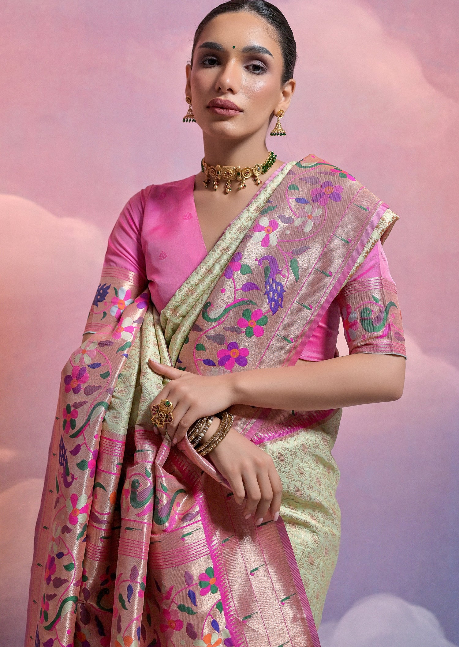Pista green triple muniya border paithani silk handloom bridal saree online.
