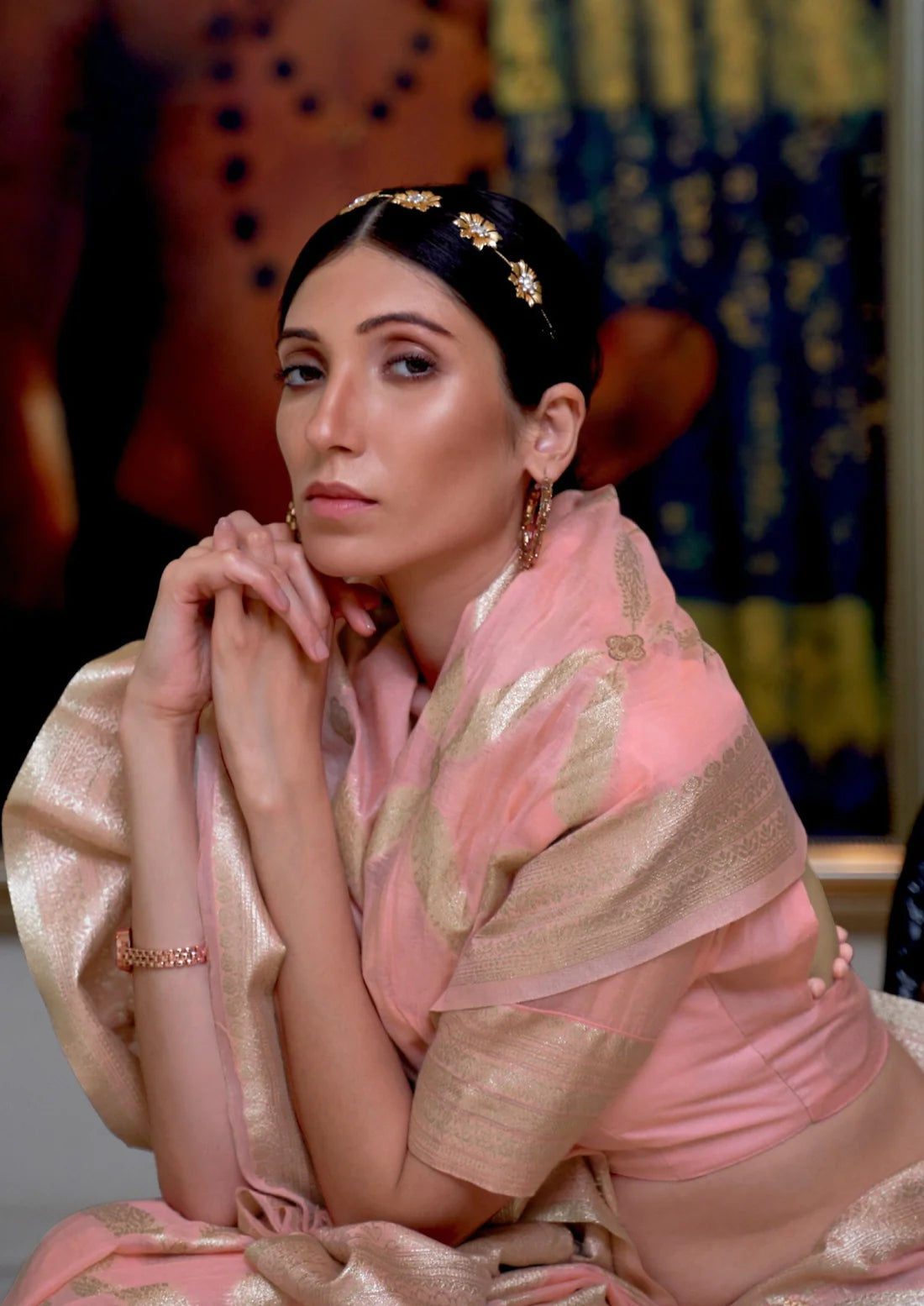Woman in banarasi cotton silk handloom zari saree blouse design.
