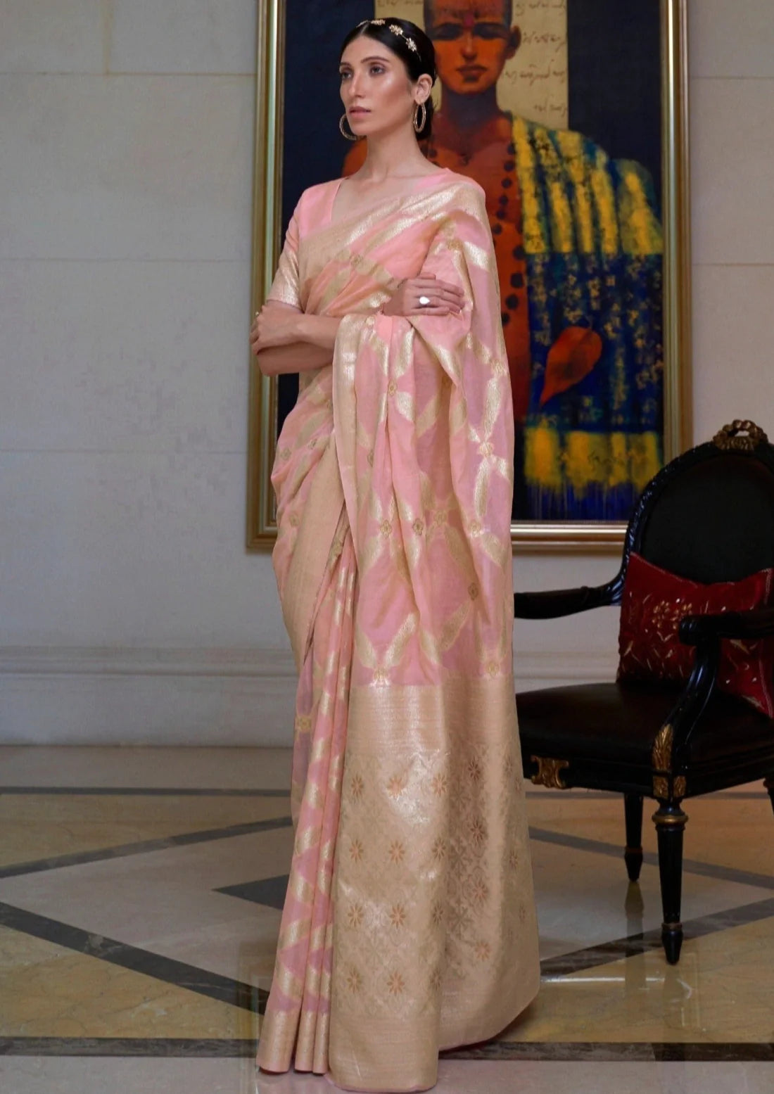 Pure banarasi cotton pink handloom zari saree blouse design.
