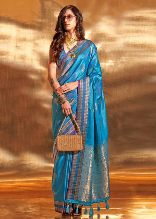 Pure banarasi handloom satin silk blue saree online with matching blouse usa uk uae.