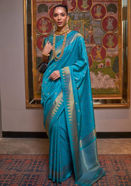 Elora Turquoise Silk Woven Saree With Unstitched Blouse