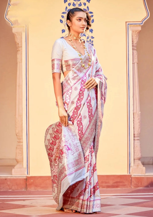 Pure banarasi handloom silk white saree online shopping for wedding.
