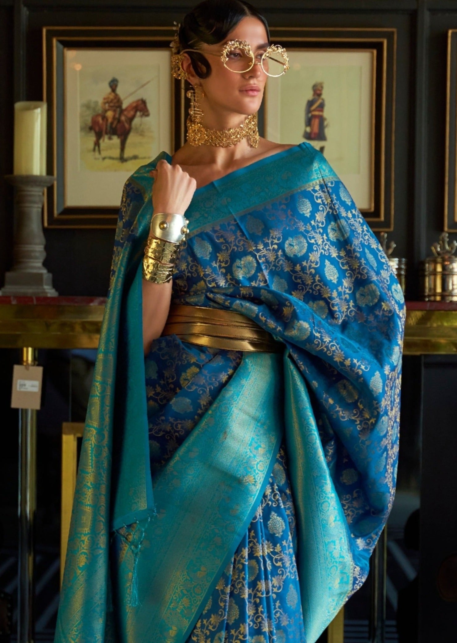 Pure banarasi katan silk handloom saree online price for bride royal blue.