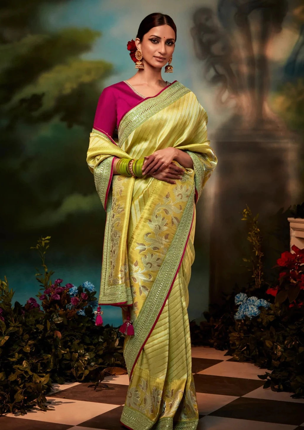Pure banarasi katan silk saree with hand embroidery work online.