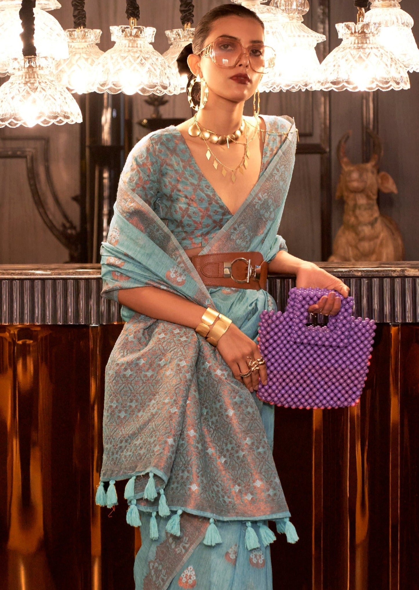 Pure banarasi linen handloom zari blue saree online shopping for wedding usa india.