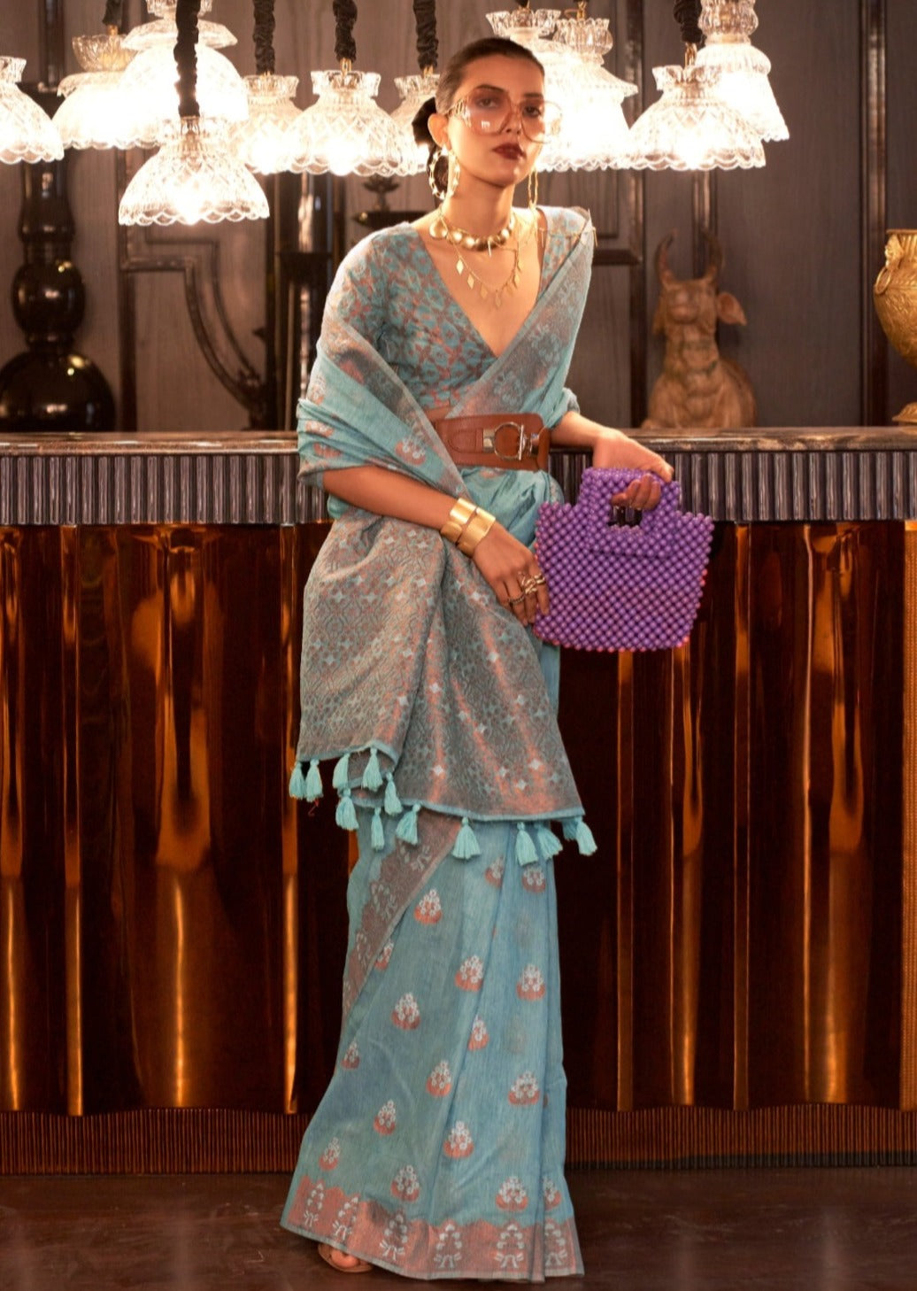 Pure banarasi linen handloom zari saree online shopping for wedding summer.