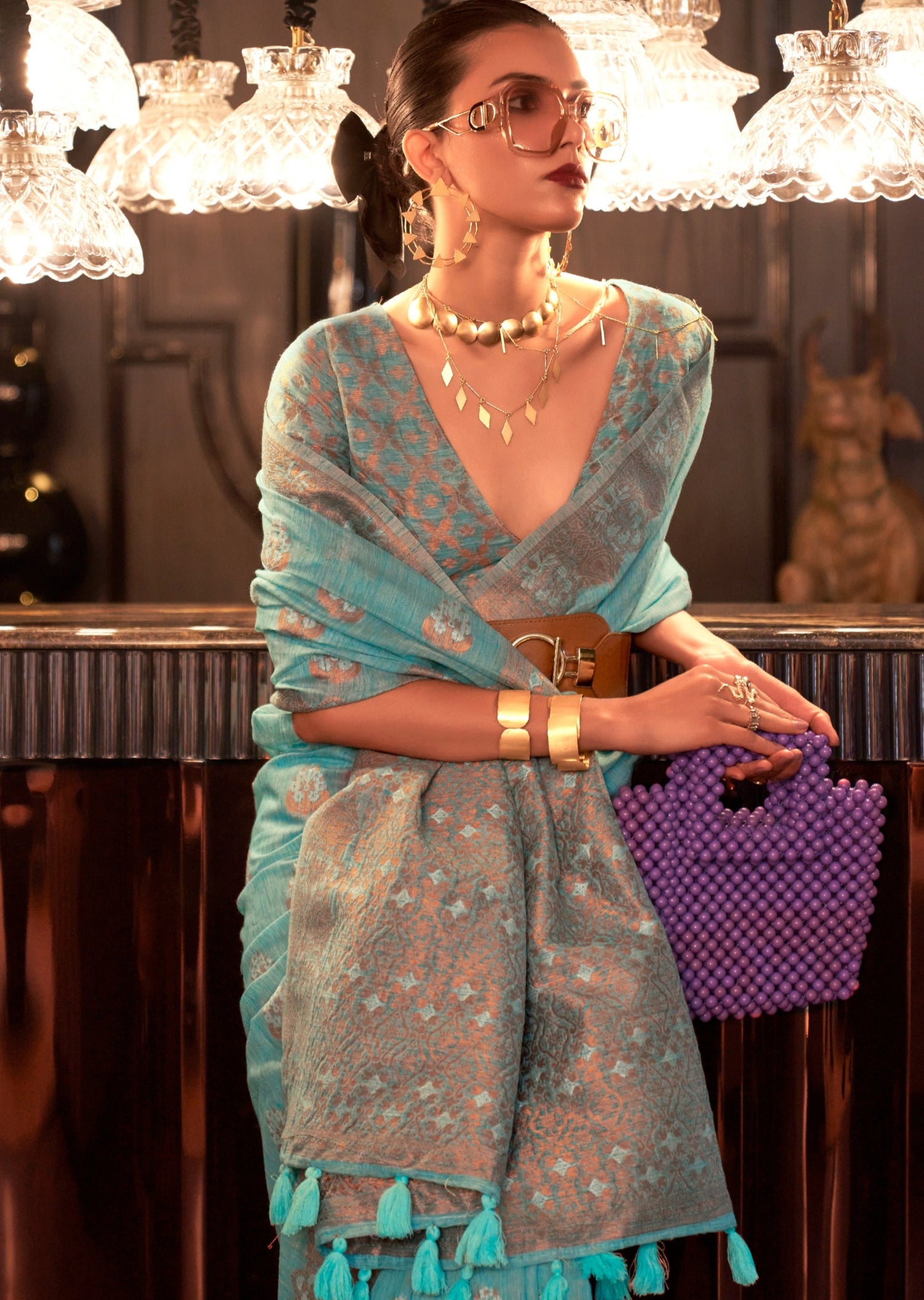 Pure banarasi linen handloom zari saree sky blue online shopping usa.