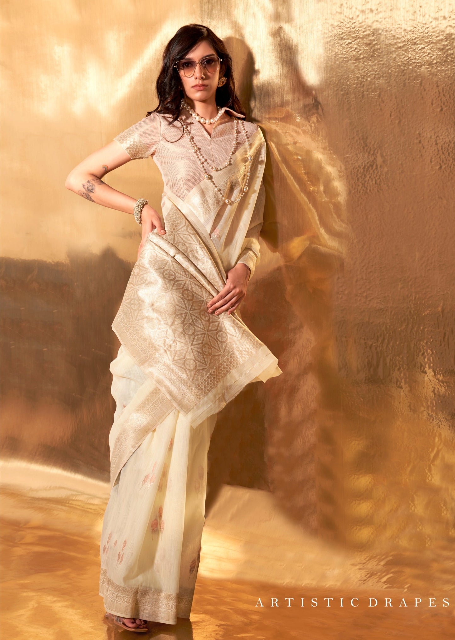 Pure banarasi linen silk handloom saree usa online shopping in off white color.