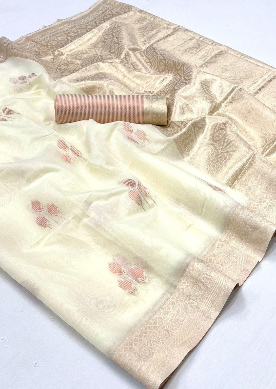 Pure banarasi linen silk off white handloom saree online shopping india usa uk with price.