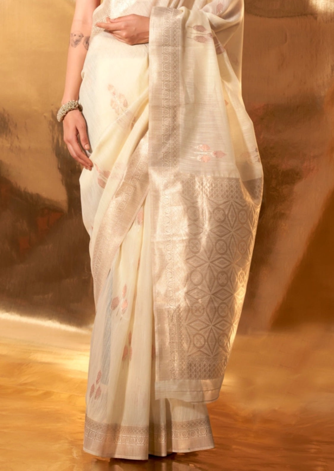 Pure banarasi linen silk handloom saree blouse in off white color online shopping price usa india.