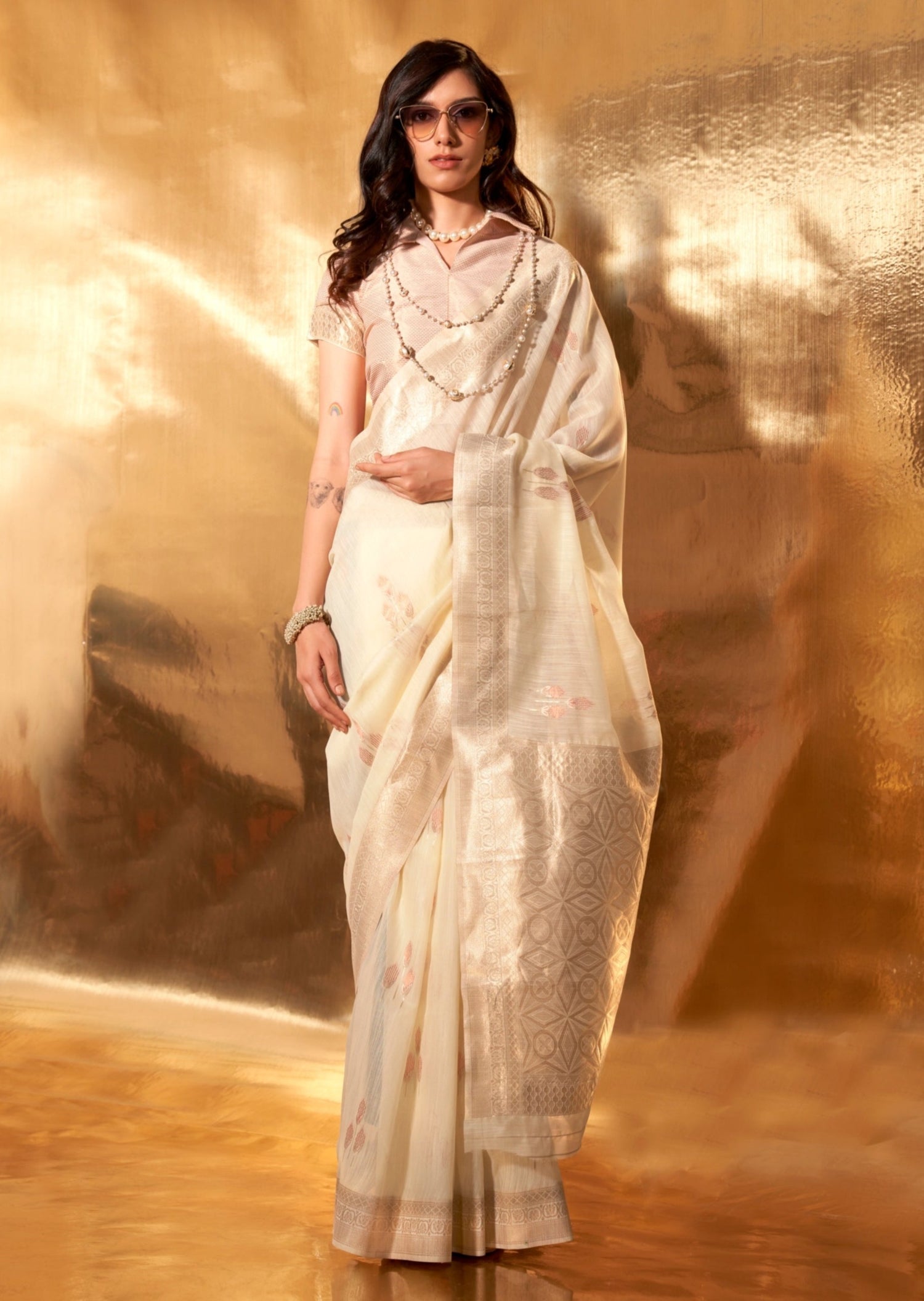 Pure banarasi linen silk off white handloom saree online shopping india usa uk.