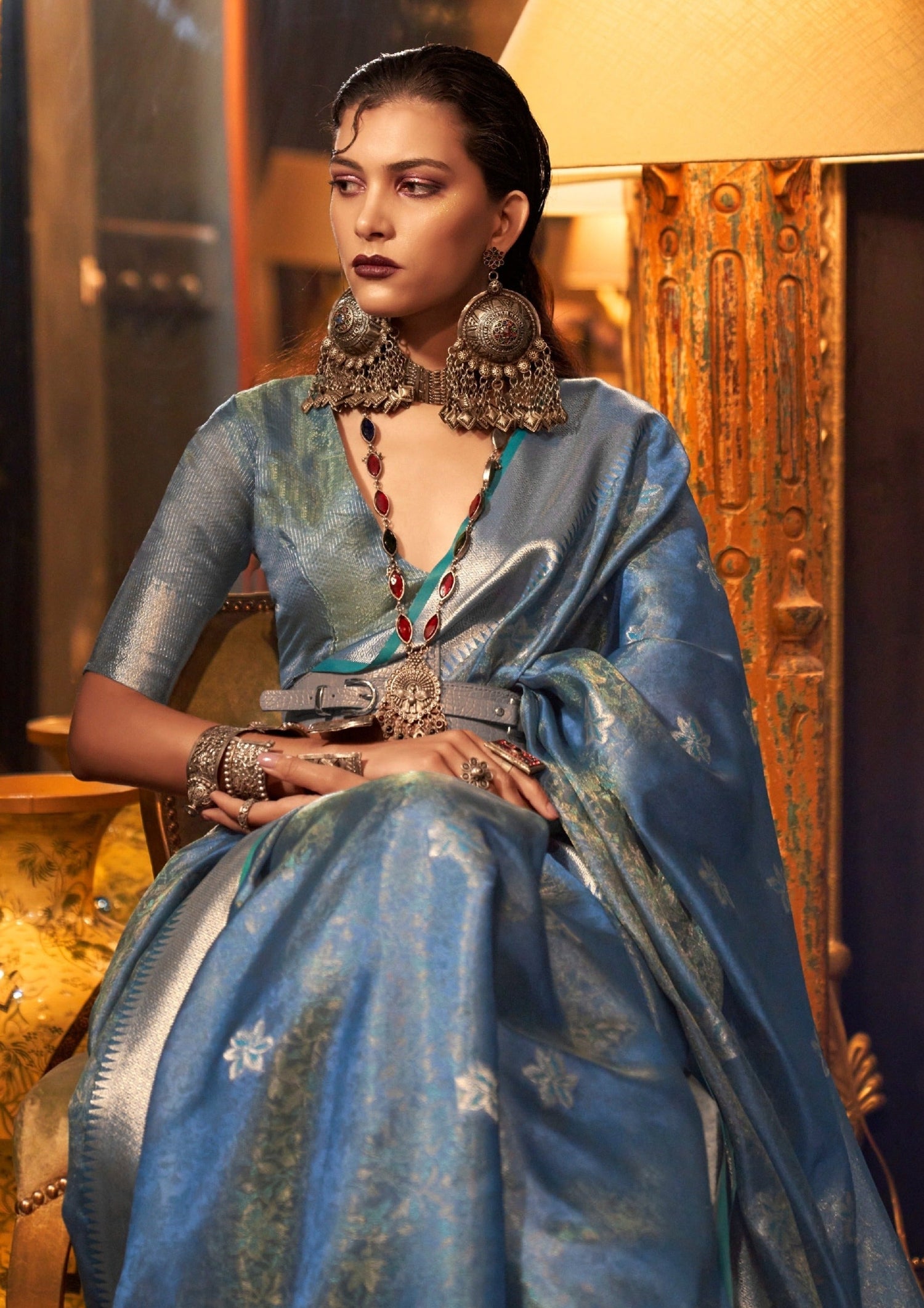 Blue colour banarasi organza saree blouse designs online shopping price.
