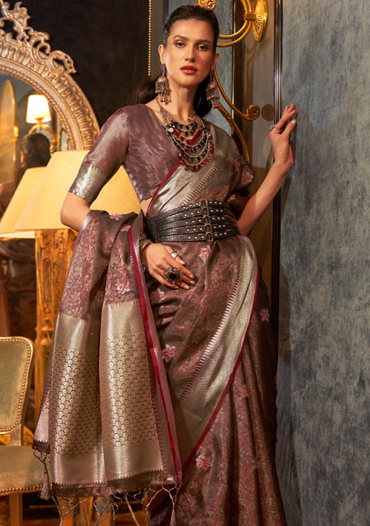 Woman's pure banarasi organza coffee brown handloom saree online shopping for wedding.