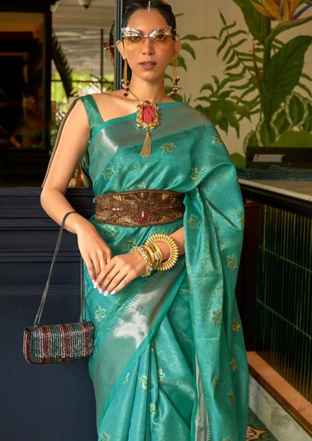 Pure banarasi organza emerald green handloom sarees online shopping price for bride.
