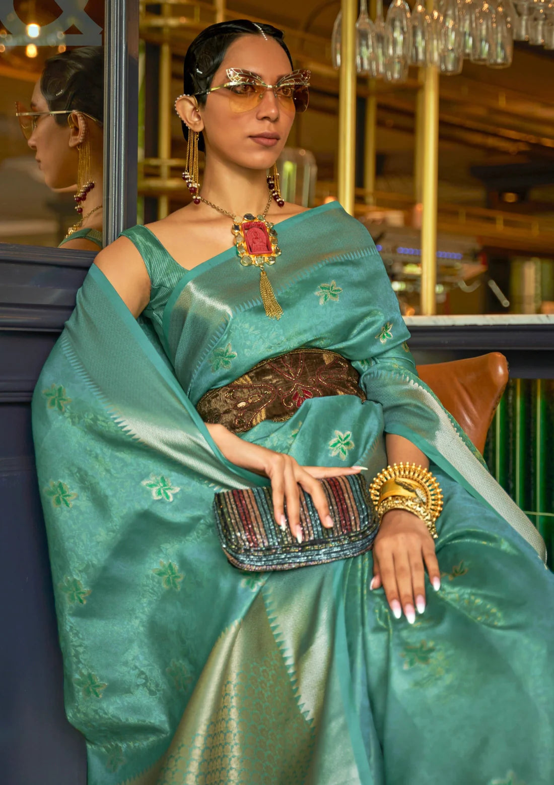 Pure banarasi organza emerald green handloom sarees online shopping with price india.