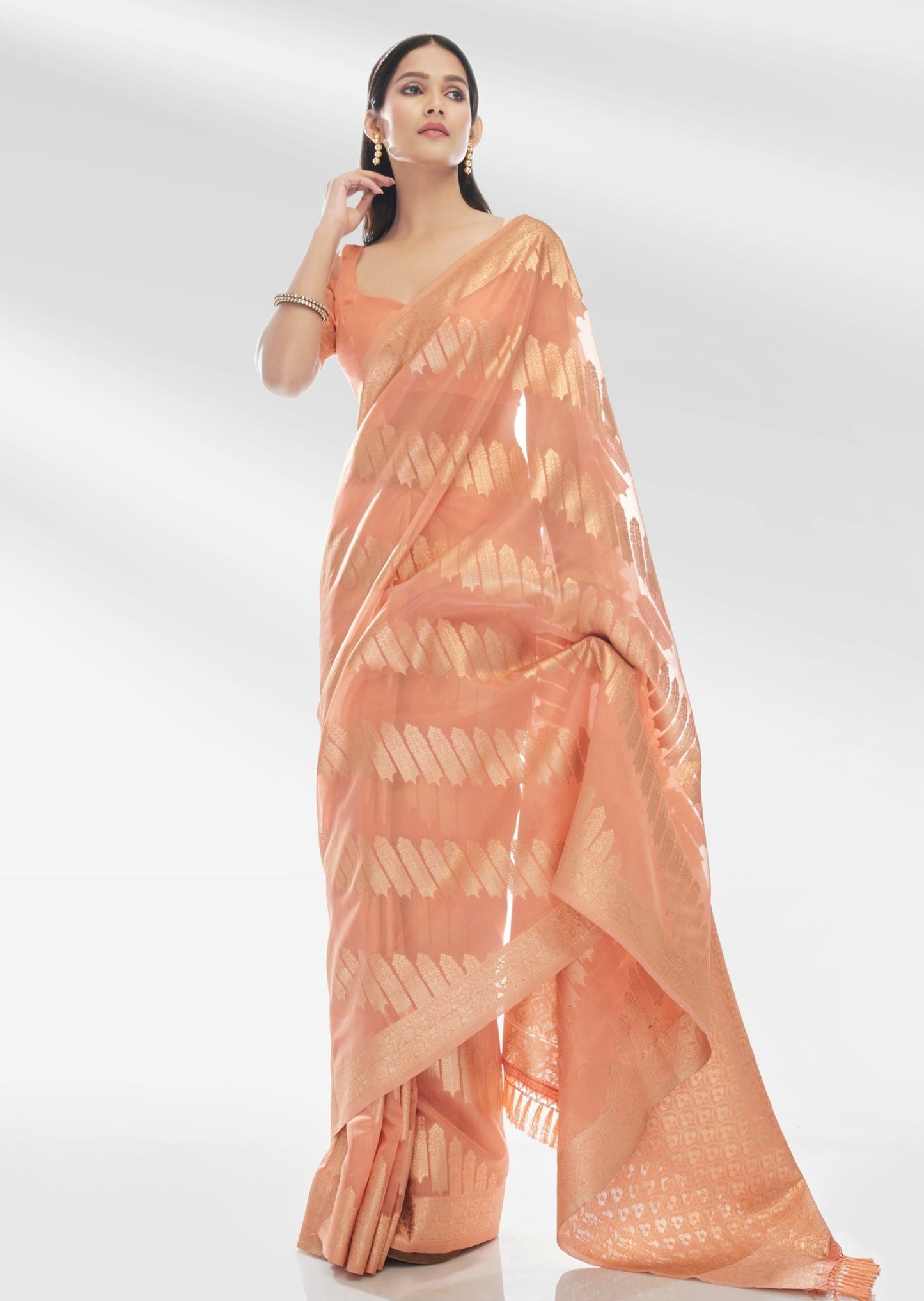 Pure banarasi organza silk peach saree usa online shopping.